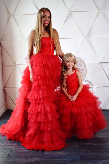 Red Ruffles Tulle Mother Daughter Matching Formal Dress MGD016