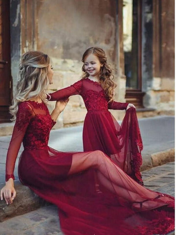 Burgundy Long Sleeve Mother Daughter Matching Formal Dress MGD019 Burgundy Long Sleeve Mother Daughter Matching Formal Dress MGD019