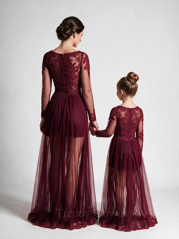 Burgundy Long Sleeve Mother Daughter Matching Formal Dress MGD019