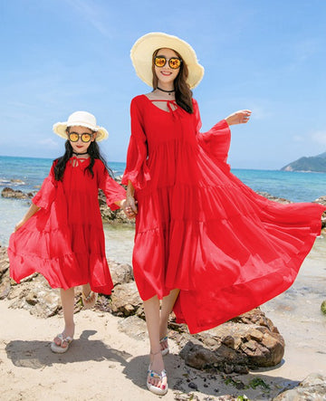 Boho Red Maxi Long Sleeve Beach Mother Daughter Matching Formal Dress MGD029