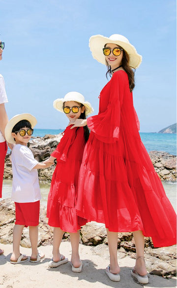 Boho Red Maxi Long Sleeve Beach Mother Daughter Matching Formal Dress MGD029
