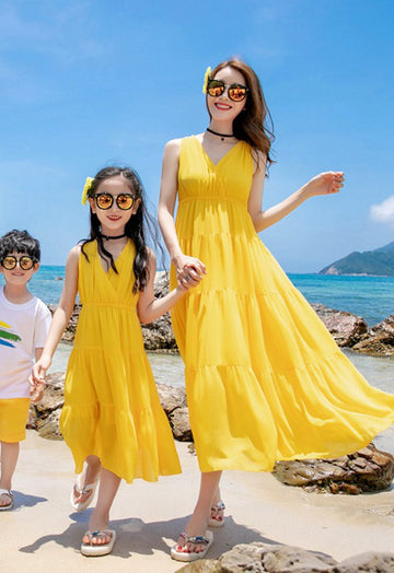 Yellow V-neck Boho Maxi Beach Mother Daughter Matching Formal Dress MGD031