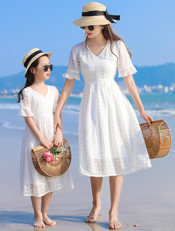 White Tea-length Maxi Beach Mommy and Me Matching Formal Dress MGD032