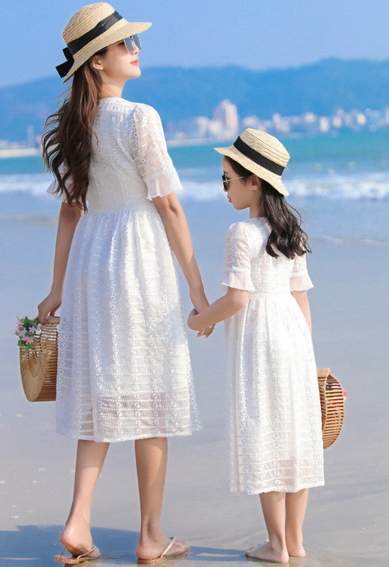 White Tea-length Maxi Beach Mommy and Me Matching Formal Dress MGD032