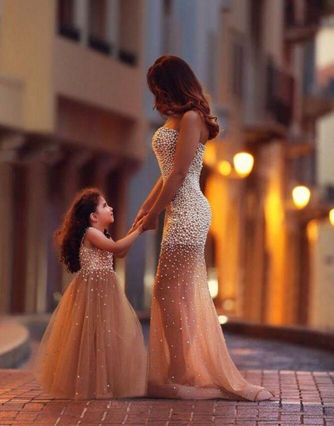 Mermaid Tulle Pearls Mother Daughter Matching Formal Dress MGD101
