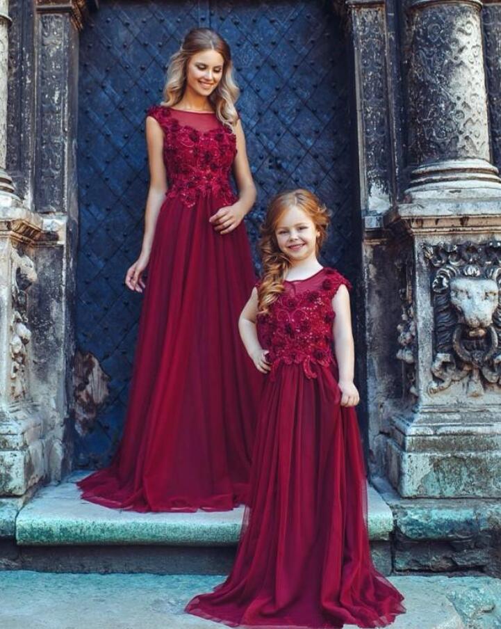 Appliques Burgundy Tulle Mother Daughter Matching Formal Dress MGD105