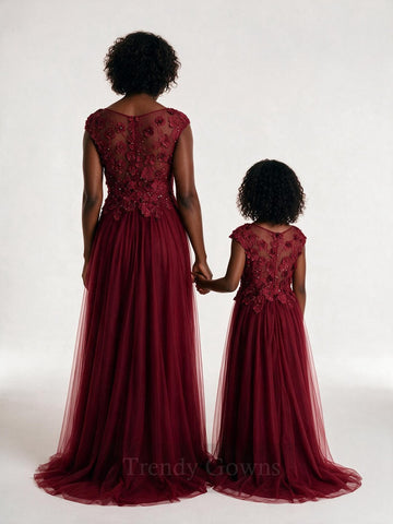 Appliques Burgundy Tulle Mother Daughter Matching Formal Dress MGD105