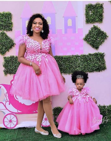 Pink Appliques Mom Daughter Matching Formal Dress MGD109