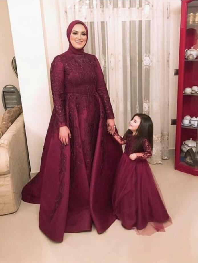 Burgundy Long Sleeve Arabic Mother Daughter Matching Gowns MGD113