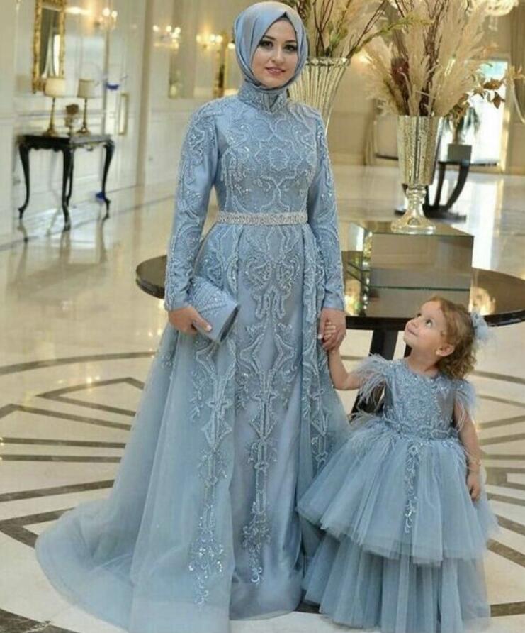 Dusty Blue Lace Long Sleeve Arabic Mother Daughter Matching Gowns MGD114
