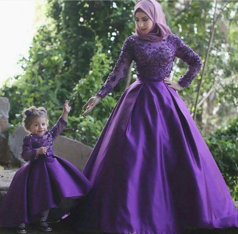 Purple Long Sleeve Arabic Mother Daughter Matching Gowns MGD116