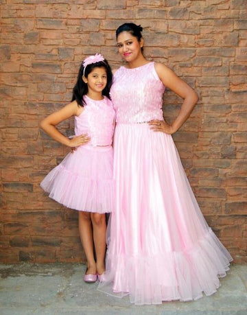 Trendy Two Piece Pink Mother Daughter Matching Gowns MGD125