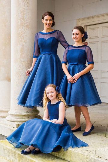 Trendy Tea-length Blue Pink Mother Daughter Matching Gowns MGD126