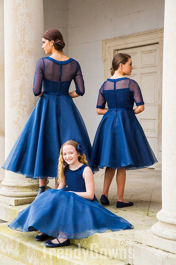 Trendy Tea-length Blue Pink Mother Daughter Matching Gowns MGD126