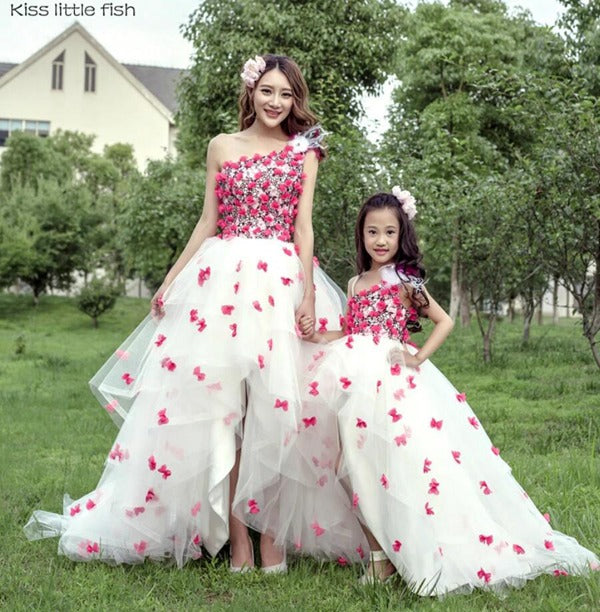 Trendy One Shoulder Flowers Mother Daughter Matching Gowns MGD127