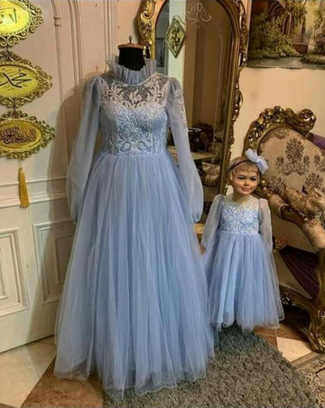 Trendy Dusty Blue Long Sleeve Mother Daughter Matching Gowns MGD128