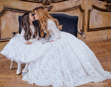 White Long Sleeve Lace Mother Daughter Matching Gowns MGD131