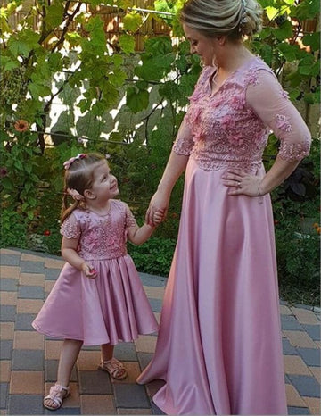 Long Sleeve Pink Mother Daughter Matching Gowns MGD137