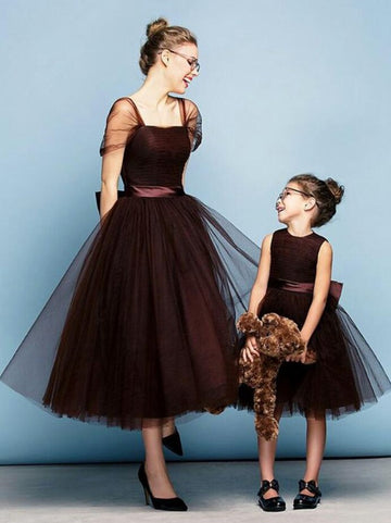Chocolate Tea-length Mother Daughter Matching Gowns MGD138