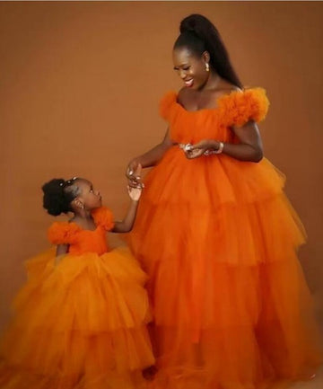 Orange Tulle Mother Daughter Matching Gowns MGD151