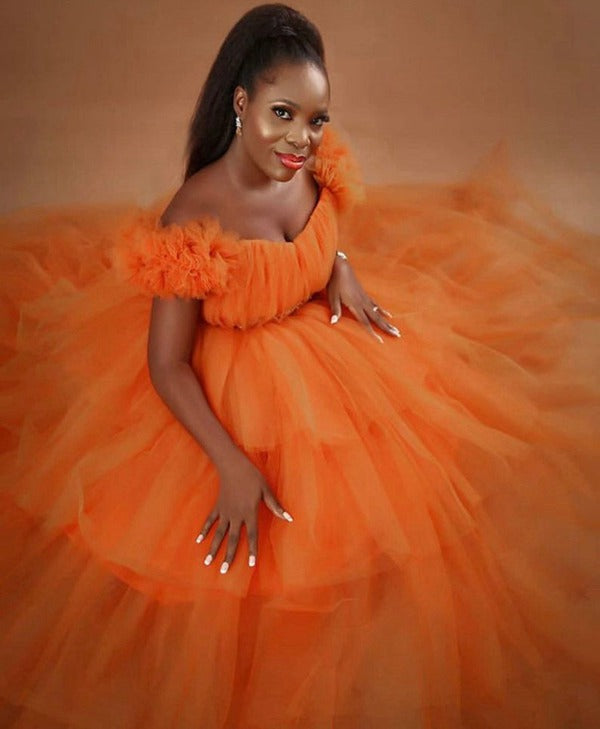 orange tulle couture dress Orange Tulle A-line V-neck Lace Appliques Prom Dresses, Evening Gown, MP827