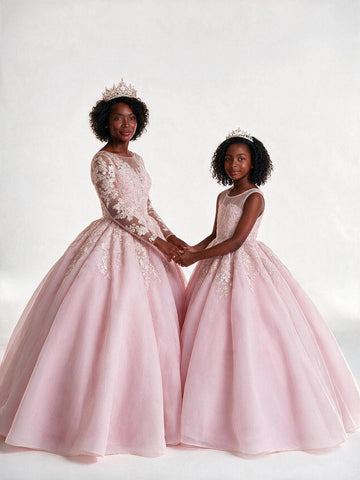 Pink Princess Long Sleeve Lace Mother Daughter Matching Gowns MGD154