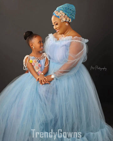 Sky Blue Tulle Mother Daughter Matching Gowns MGD159