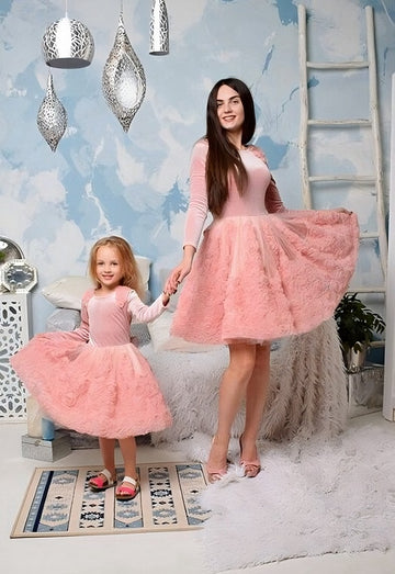 Short Pink Long Sleeve Mother Daughter Matching Gowns MGD165 Short Pink Long Sleeve Mother Daughter Matching Gowns MGD165