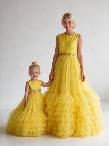 Yellow Tulle Mommy and me Matching Gowns MGD168
