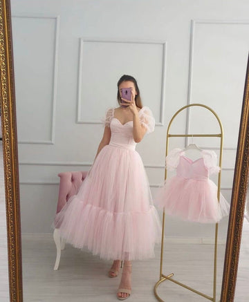 Pink Short Sleeve Tulle Mother and Me Matching Gowns MGD174