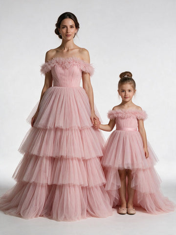 Pink Ruffles Off-the-shoulder Tulle Mother and Me Matching Gowns MGD179
