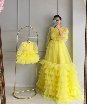 Yellow Tulle Long Sleeve Mommy and Me Matching Gowns MGD180
