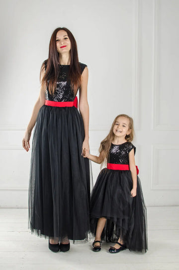Black Sequin Tulle Mommy and Me Matching Party Dress with Red Sashes MGD186