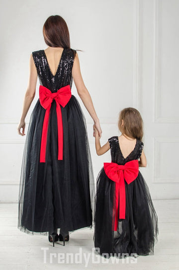 Black Sequin Tulle Mommy and Me Matching Party Dress with Red Sashes MGD186