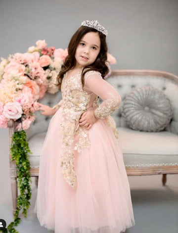 Pink Long Sleeve Tulle Gold Lace Mommy and Me Matching Gowns MGD190