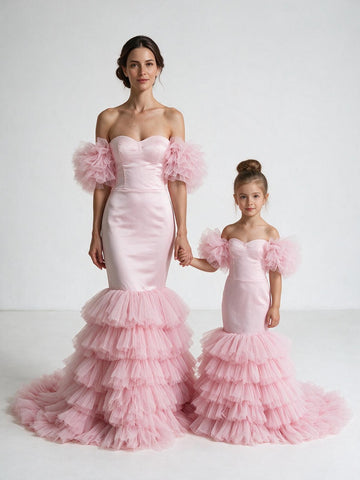 Pink Off-the-shoulder Mermaid Mother and Me Matching Gowns MGD192