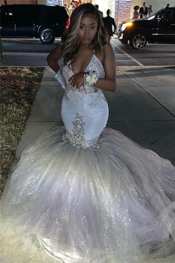 Sexy Deep V-neck White Bling Mermaid Evening Gown JTE004