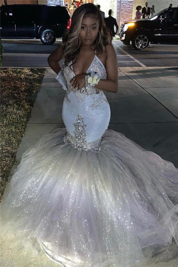 Sexy Deep V-neck White Bling Mermaid Evening Gown JTE004