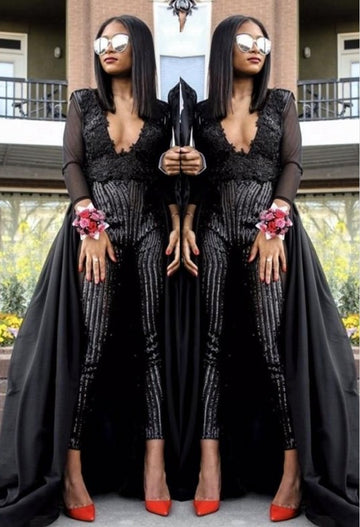 Black V Neck Long Sleeve Sequins Prom Pantsuits Evening Gown JTE006