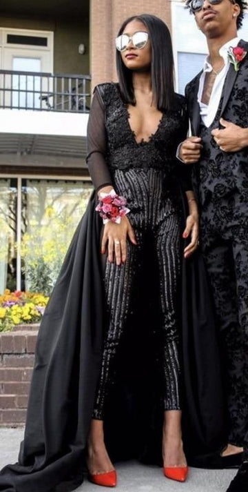 Black V Neck Long Sleeve Sequins Prom Pantsuits Evening Gown JTE006