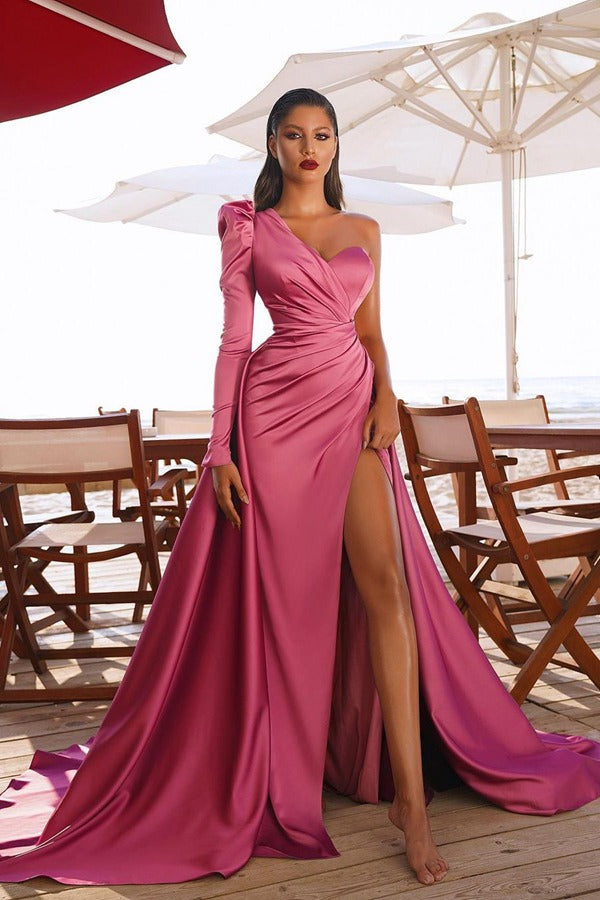 Sexy Slit Pink One Shoulder Long Sleeve Prom Dress JTE007