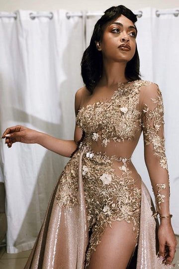 Sexy Long Sleeve Split Prom Dress With Lace Appliques JTE012