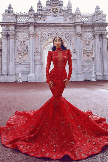 Long Sleeve Red Mermaid Prom Dress With Lace Appliques JTE013