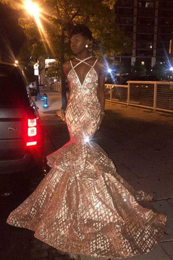 Sexy Gold Straps Mermaid Prom Dress JTE017