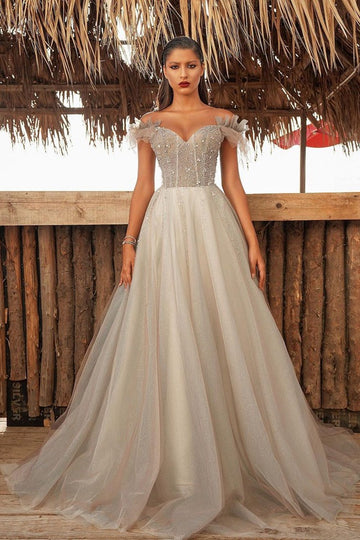 Gray Sweetheart Off-the Shoulder Beaded Prom Dress JTE024