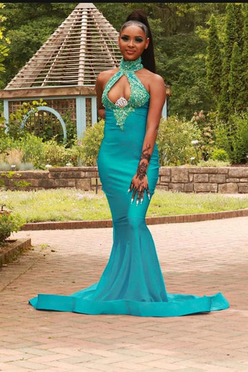 Halter Sexy Ink Blue Satin Mermaid Prom Dress JTE031