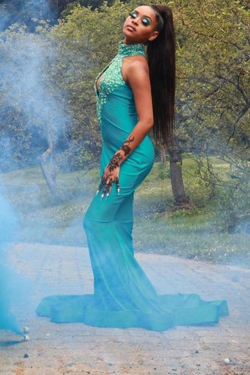 Halter Sexy Ink Blue Satin Mermaid Prom Dress JTE031