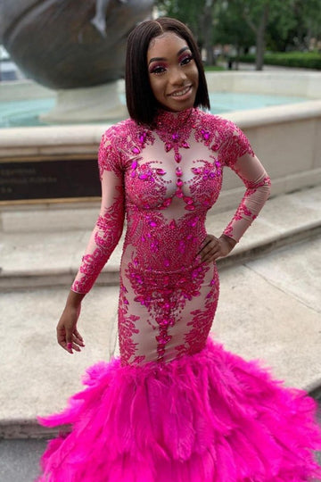 Hot Pink Sexy Long Sleeves Mermaid Prom Dress JTE032