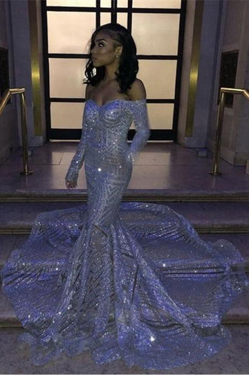 Off The Shoulder Sequins Long Sleeve Mermaid Prom Dresses JTE035