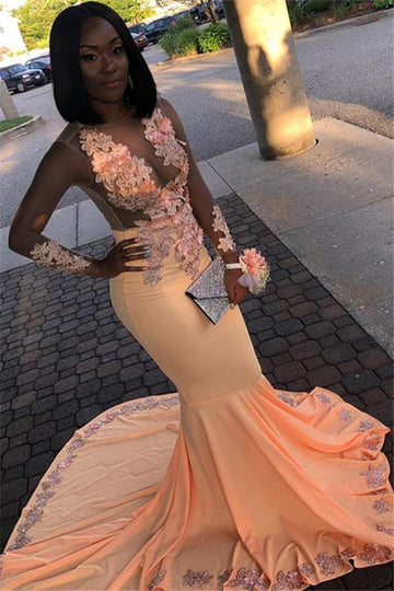 Orange Sheer Long Sleeves Mermaid Evening Gowns JTE036